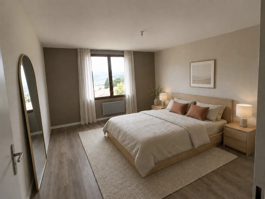 Chambre meublée style scandinave après home staging virtuel